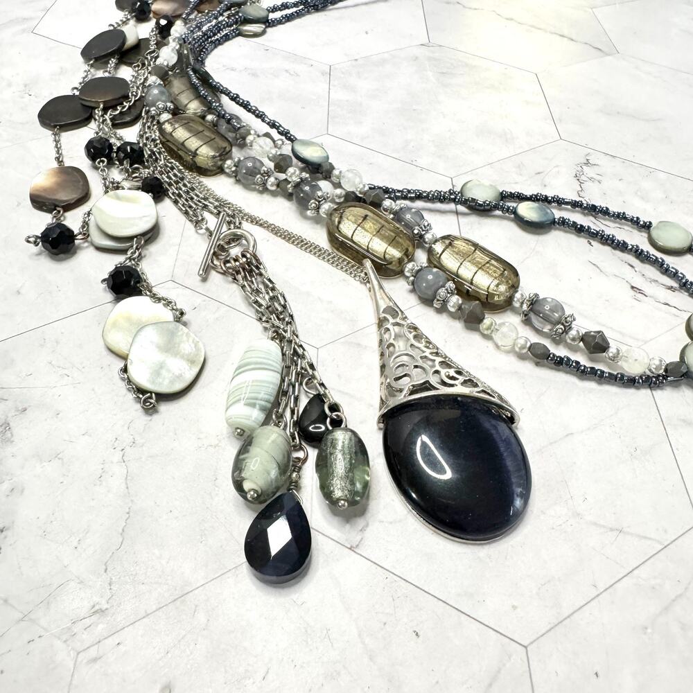Lot of 3 Bead Necklaces Silver Tone Blue Cats Eye Cabochon Gray Shell Glass